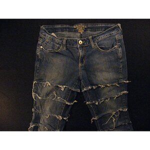 Arizona Jeans HOMEMADE Womens 11 Low-Rise Blue Hysteric Stacked Distress Fringe